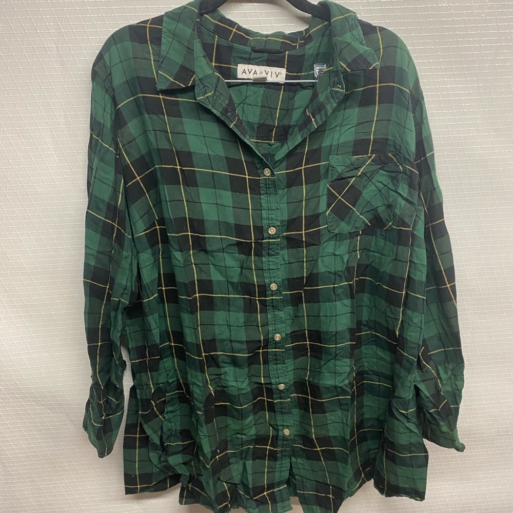 Ava & Viv Black and Green Checkered Flannel-Style Shirt